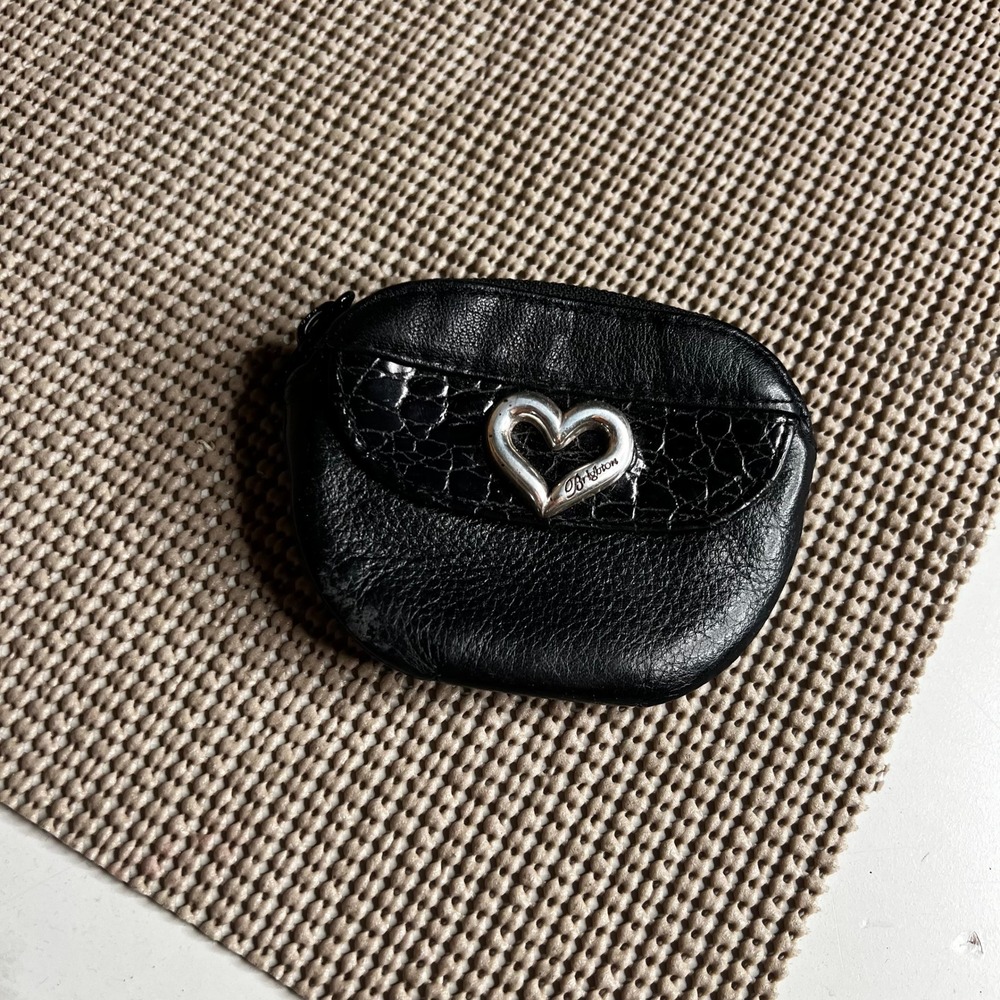 Brighton Black Pebbled Leather Heart Coin Purse Croc Trim Mini Pouch